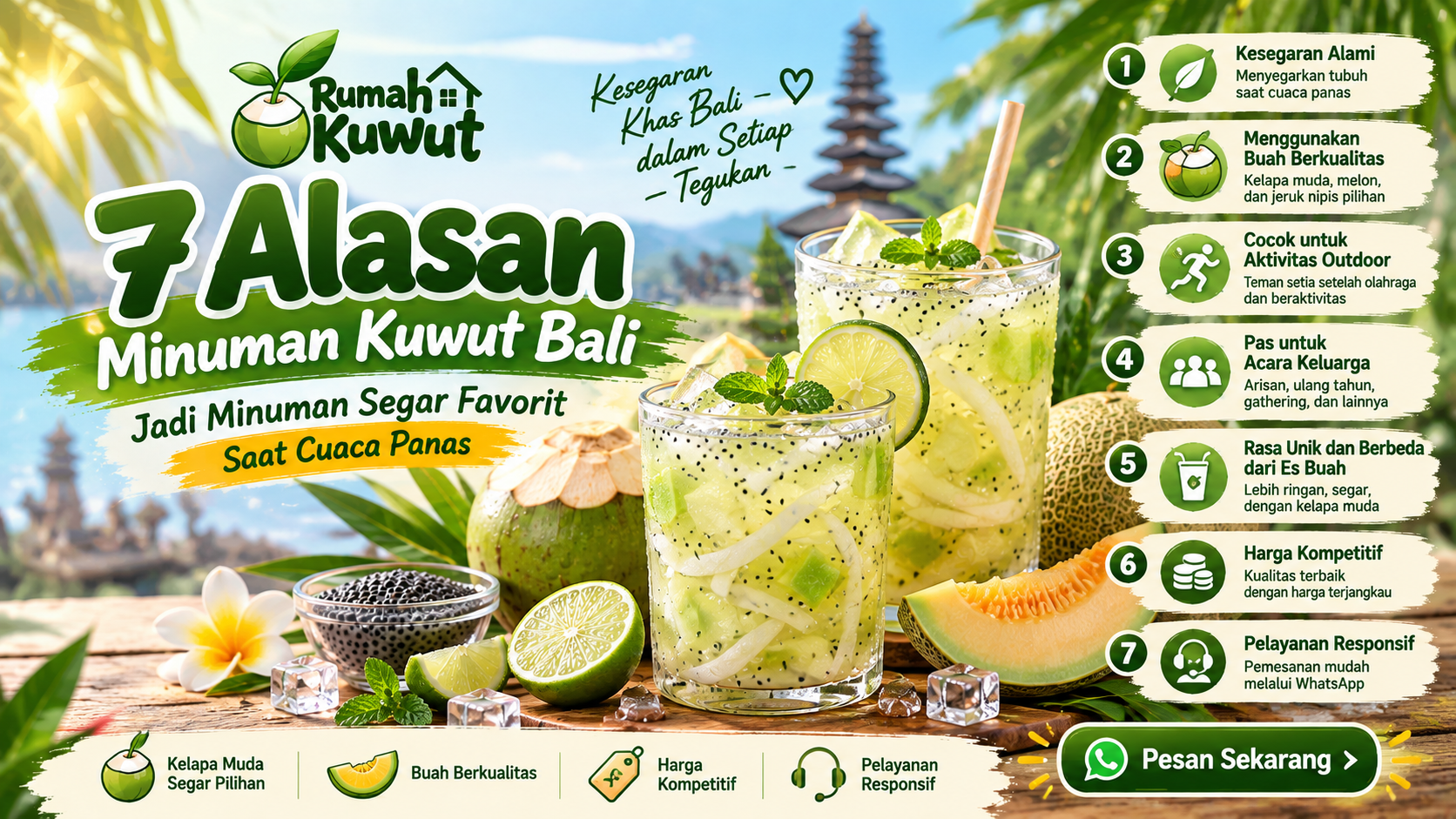 Banner Rumah Kuwut bertema 7 Alasan Minuman Kuwut Bali Jadi Minuman Segar Favorit Saat Cuaca Panas, menampilkan es kuwut kelapa muda dengan kelapa muda, melon, jeruk nipis, biji selasih, dan es batu sebagai minuman segar khas Bali untuk aktivitas outdoor dan acara keluarga.