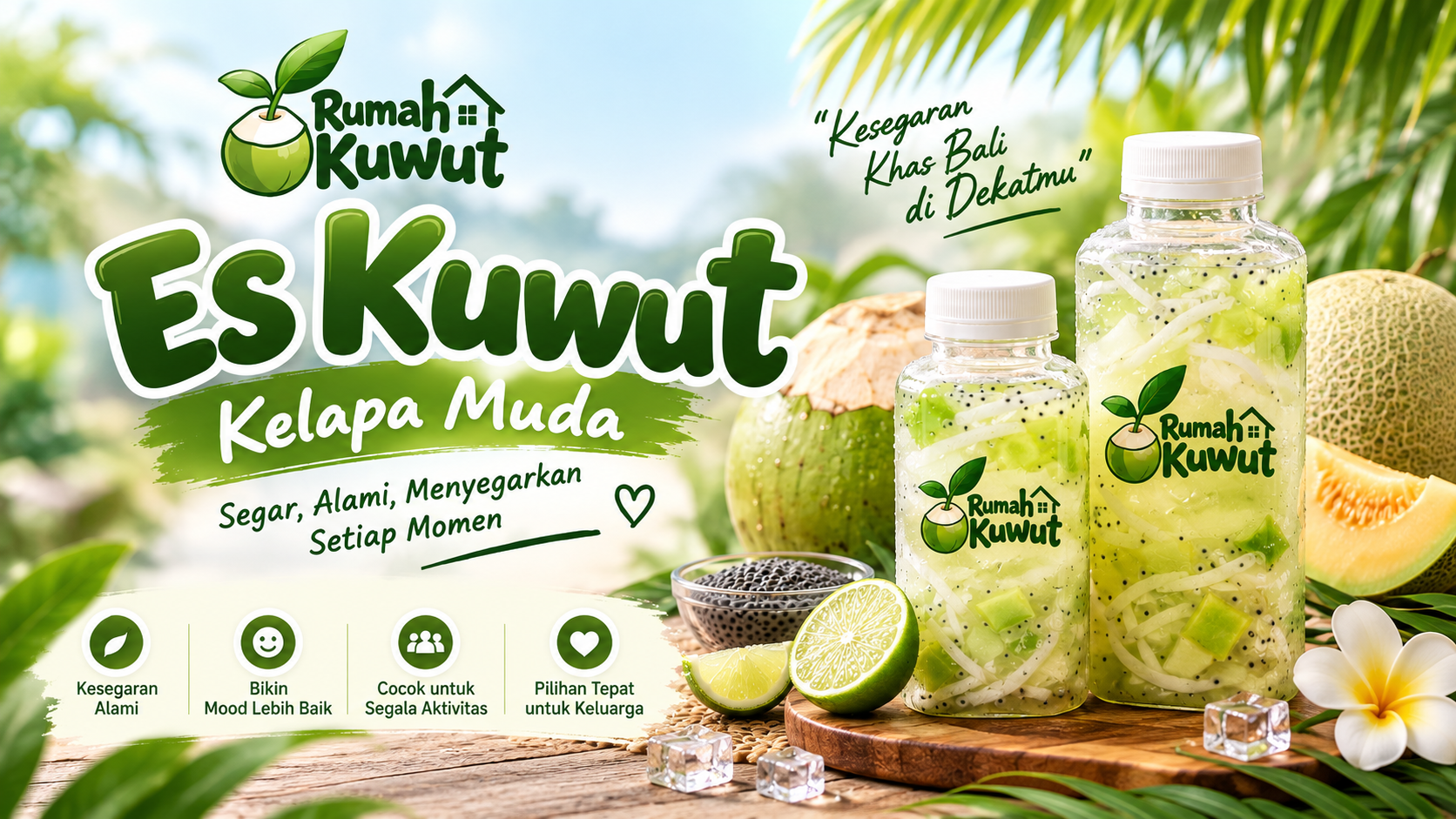 Rumah Kuwut menampilkan es kuwut kelapa muda khas Bali dalam dua botol siap minum dengan kelapa muda, melon, jeruk nipis, dan biji selasih sebagai minuman segar alami untuk cuaca panas dan acara keluarga di Jakarta Timur.