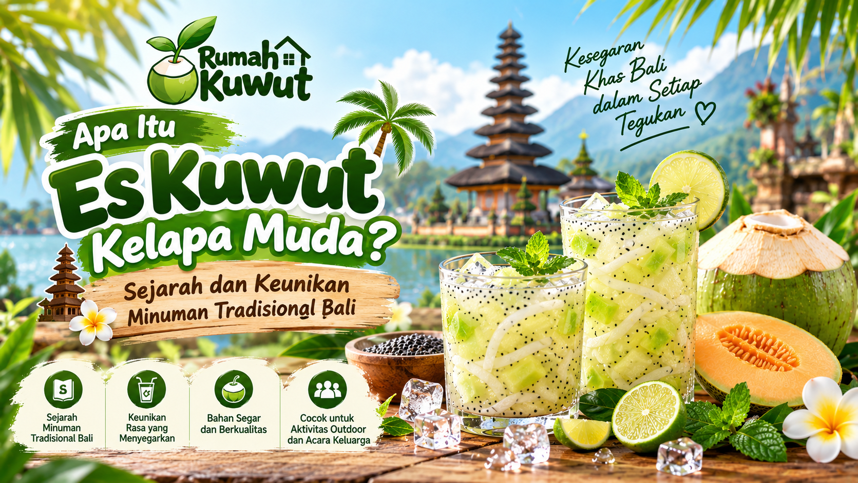 Banner Rumah Kuwut tentang sejarah dan keunikan es kuwut kelapa muda, menampilkan minuman kuwut Bali segar dengan kelapa muda, melon, jeruk nipis, dan biji selasih sebagai minuman tradisional Bali yang cocok untuk cuaca panas, aktivitas outdoor, dan acara keluarga.